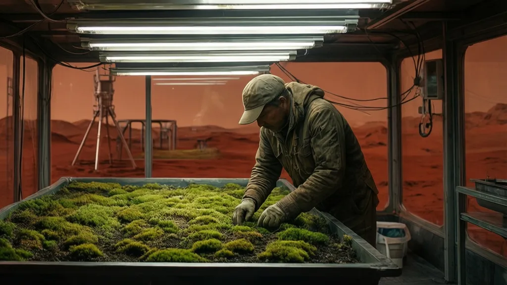 A lone person tending a small green garden inside a Mars habitat.