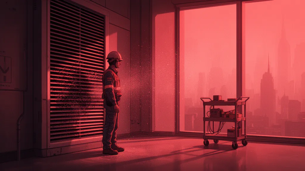 Ein Wartungsarbeiter steht in einem rot beleuchteten Forschungsturm neben einem verstopften Lüftungsschacht.