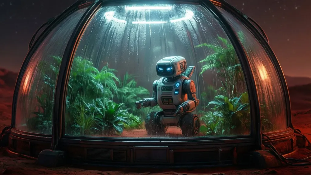 Ein einzelner Roboter steht in einer feuchten Bio-Kuppel auf einem fremden Planeten.