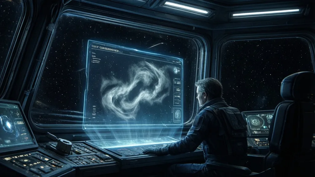 Ein Techniker betrachtet ein holografisches Display mit einem seltsamen Wolkenmuster im tiefen Weltraum.