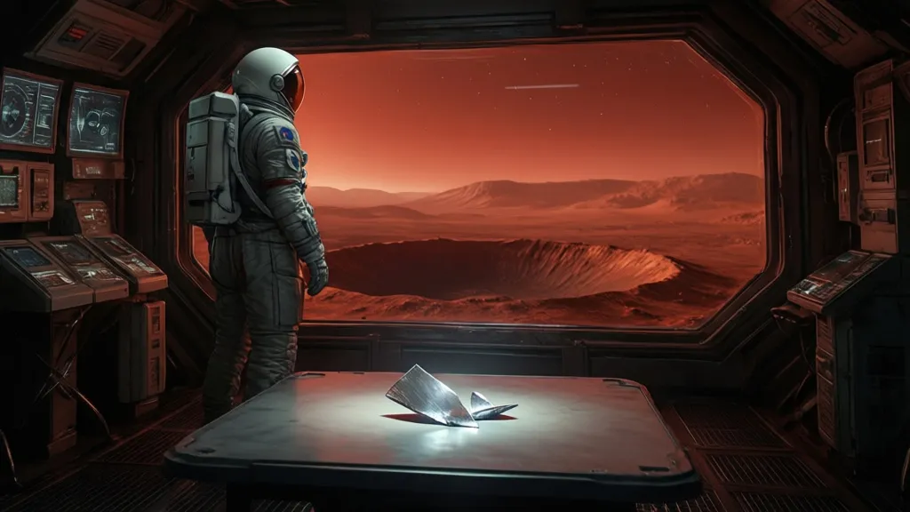 A lone astronaut in a Mars habitat with a glowing metal shard on a table.