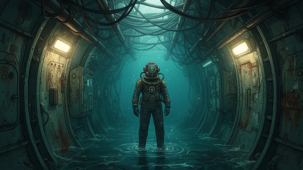A lone engineer stands in a flooded underwater station corridor lit by dim emergency lights.