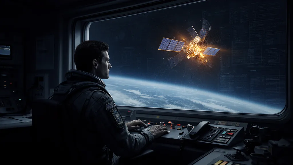 Eine Person beobachtet einen ausfallenden Satelliten durch das Fenster eines Kontrollraums.