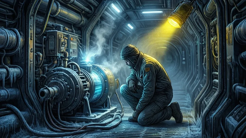 A worker kneels beside a glowing pump in a dark spacecraft corridor.