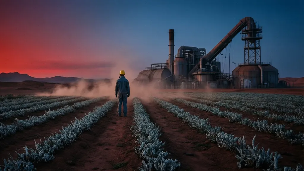 A lone engineer stands in a silent Martian farm facility at sunset.