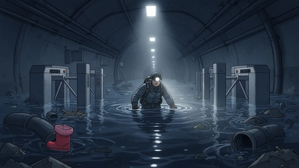 Ein Techniker watet mit Stirnlampe durch einen überfluteten U-Bahntunnel.