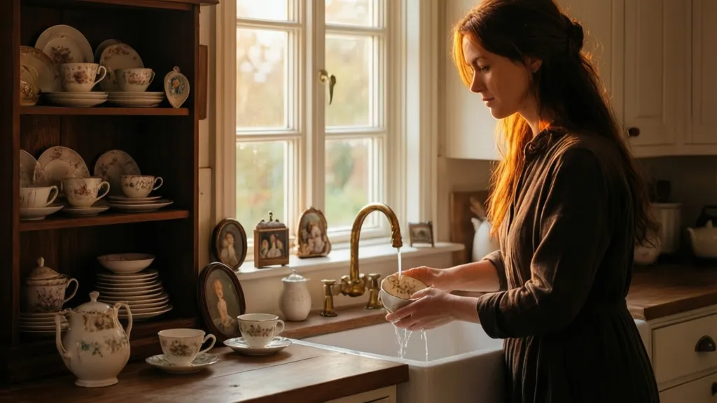 Eine Frau wäscht eine antike Teetasse in einer warmen Küche.