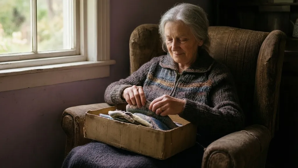Eine ältere Frau sitzt in einem von der Sonne erleuchteten Stuhl in einer Hütte und hält alte Strickmuster in den Händen.
