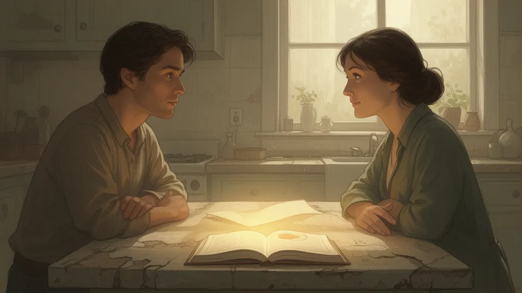 Eine Frau und ein Mann stehen in einer sonnendurchfluteten Küche, mit einem Kochbuch auf der Arbeitsplatte.