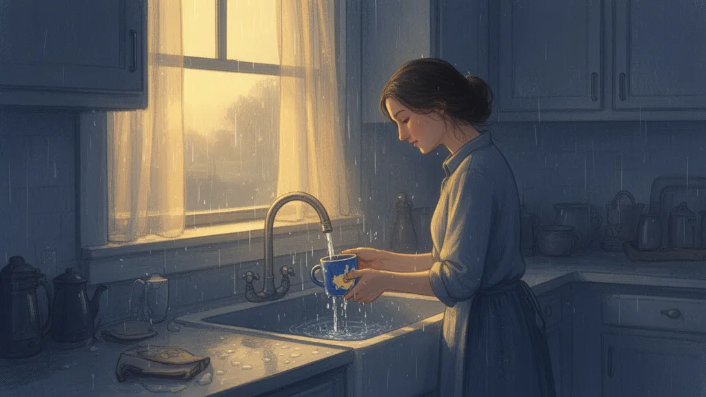 A woman washes a chipped blue mug in a quiet kitchen at dawn.