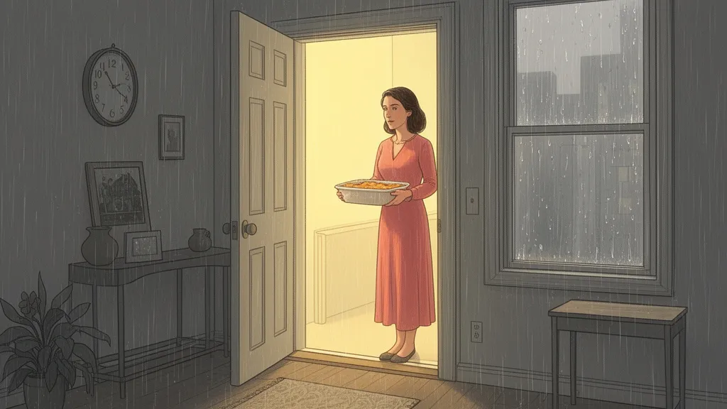 A woman stands in a rainy apartment doorway holding a casserole dish.