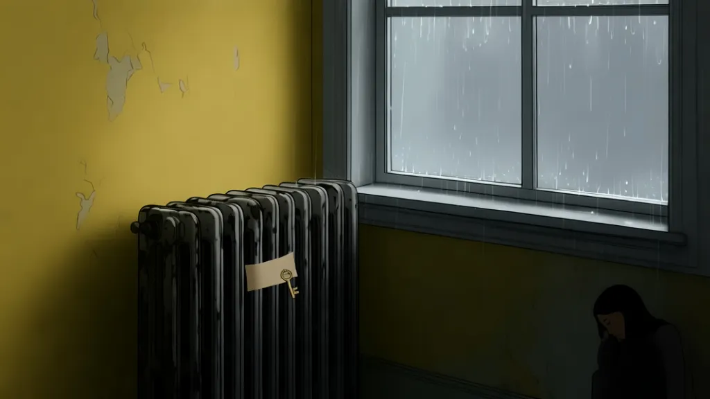 Eine Frau steht in einem regnerischen Apartment-Eingangsbereich neben einem abgeplatzten Heizkörper und einem versteckten Schlüssel.