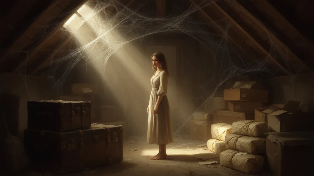 A woman in a dusty attic surrounded by old trunks and boxes.