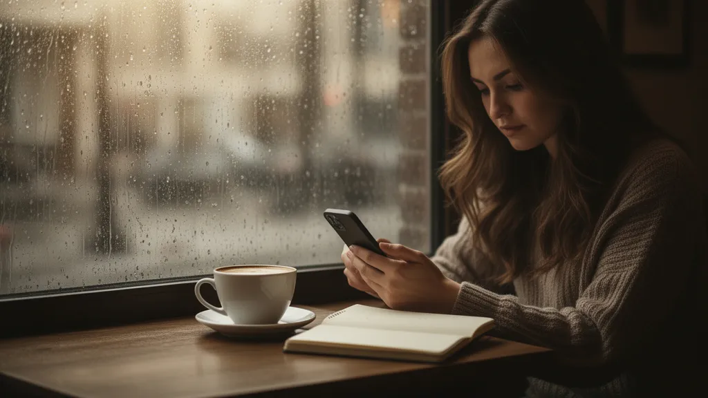 A woman sits in a cafe looking at her phone beside a cup of coffee.
