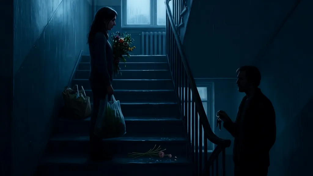 A woman in a rain-soaked stairwell faces a man holding a key.