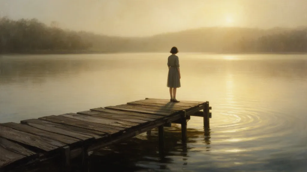Eine Frau steht auf einem Holzsteg neben einem ruhigen See bei Sonnenuntergang.