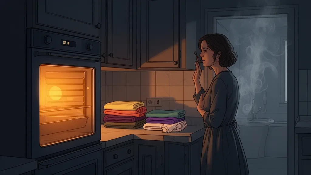 A woman stands in a quiet kitchen with warm oven light and neatly folded towels.