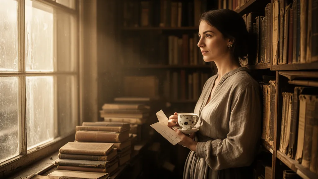A woman in an old bookstore holding a teacup and a note.