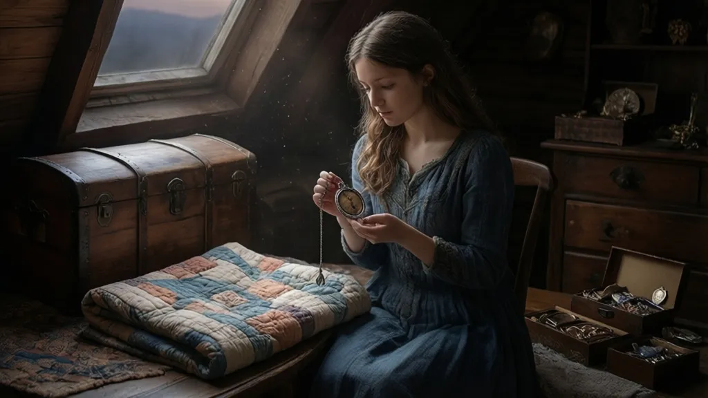 Eine Frau auf einem Dachboden hält neben einer handgefertigten Steppdecke ein kleines silbernes Medaillon.