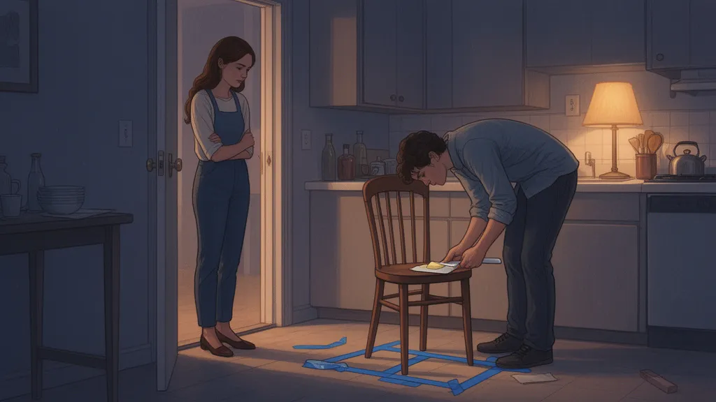 A woman watches her partner repairing a chair in a kitchen.