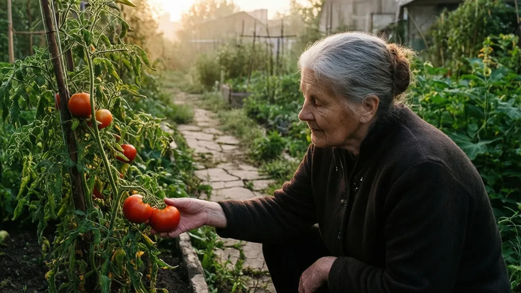 An elderly woman touches a ripe tomato in an overgrown community garden.