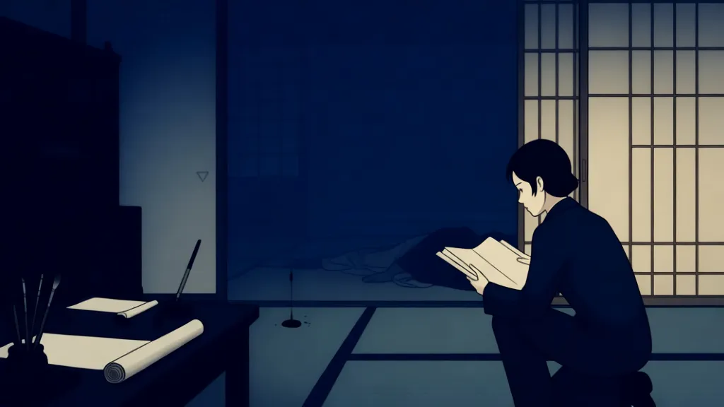 A librarian stands in a calligraphy studio beside a body and scattered scrolls.