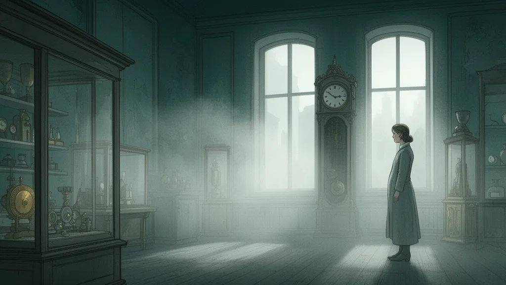 A woman stands beside an old clock in a dim museum room.