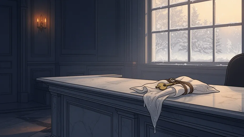 A hotel lobby desk with a room key wrapped in a damp handkerchief beside a frosted window.