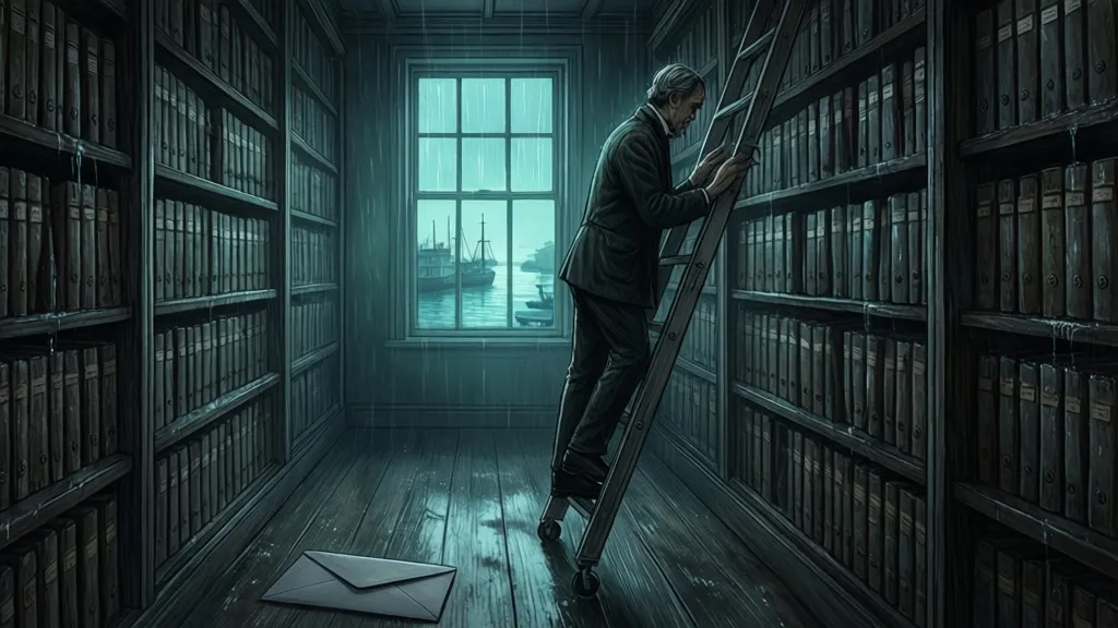 A woman in an archive stands on a ladder beside old ledgers, with an envelope on the floor.
