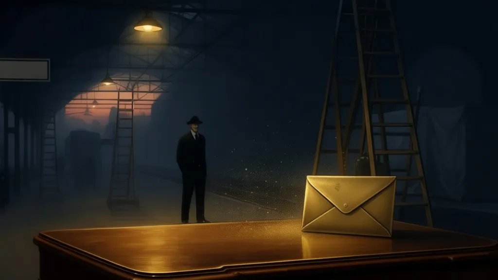 Ein einsamer Mann steht an einem düsteren Bahnhof neben einem Messingumschlag.