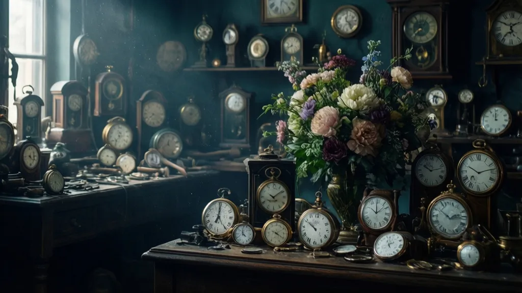 A dim workshop filled with stopped clocks and watches.