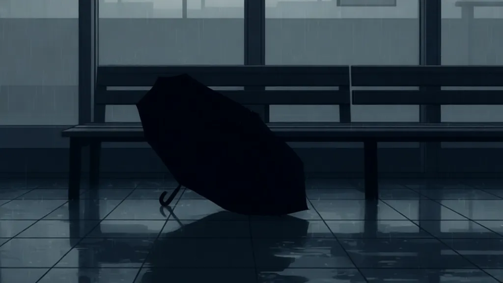 A black umbrella left beneath a bench in a rainy train station