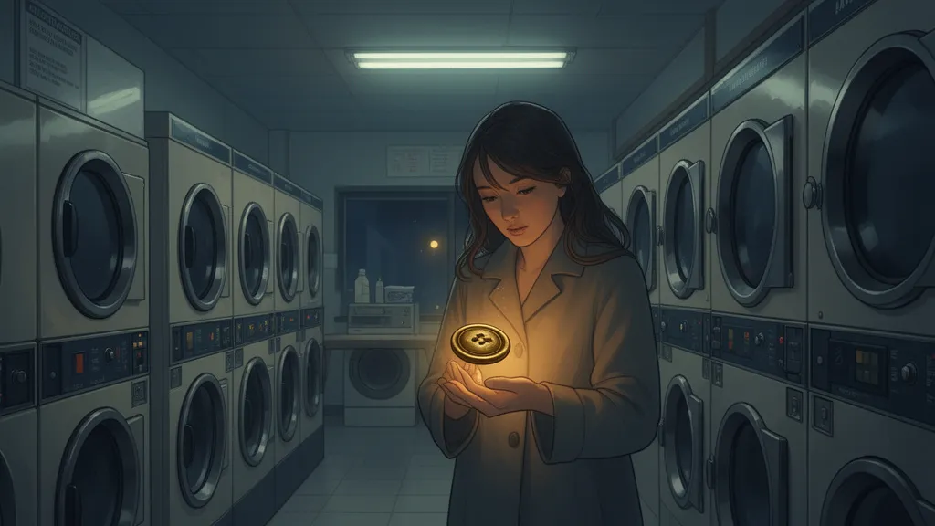 Eine Frau hält nachts in einem Waschsalon einen warmen Messingknopf.