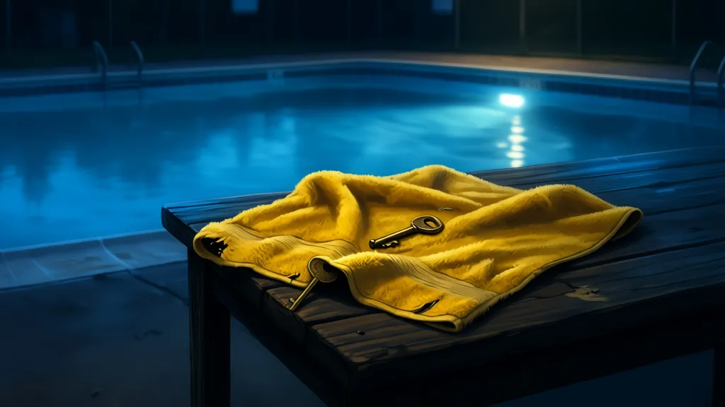 Ein abgenutztes gelbes Handtuch auf einem Tisch, in dessen Saum ein Messingschlüssel halb verborgen ist.