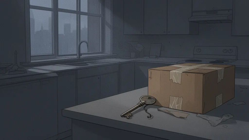 A key and taped box on a kitchen counter in a dim empty apartment.