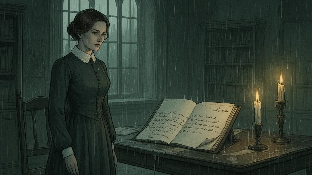 A woman stands in a dim vicarage beside an old letter on a table.