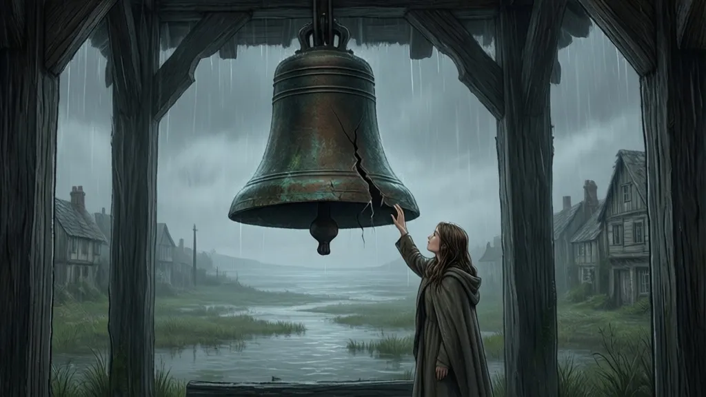 A woman reaches toward a cracked bell in a rainy tower above a marsh village.