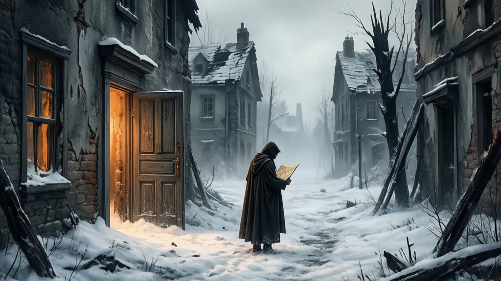 A cloaked mapmaker stands before a half-buried door in a snowy ruined street.