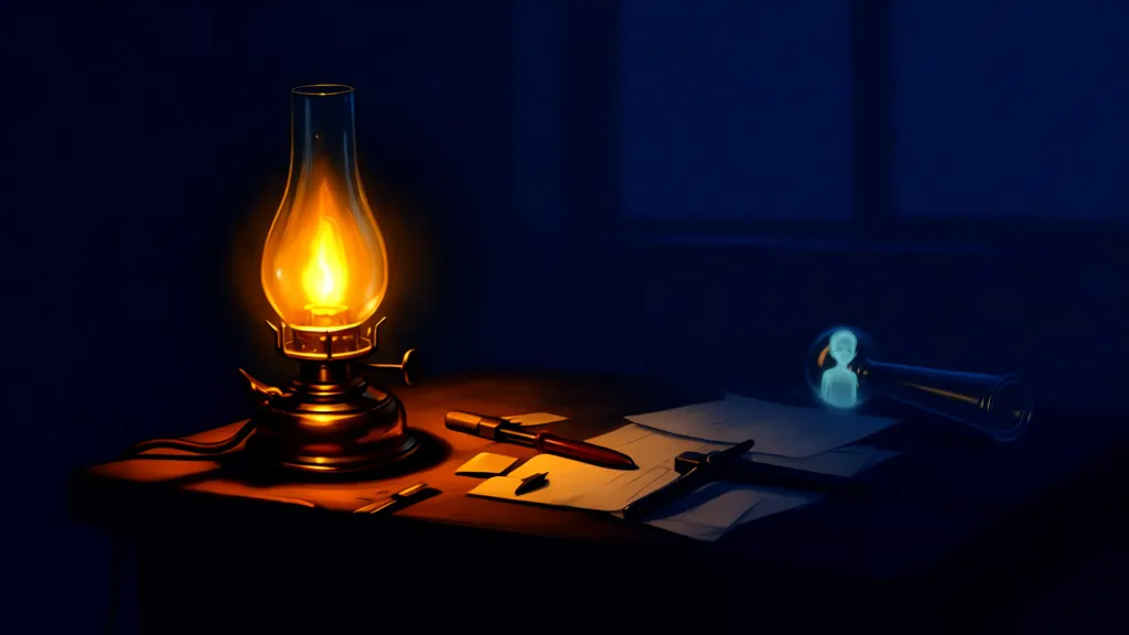 A glowing brass lamp on a glassblower’s table with a faint ghostly figure reflected in the glass.