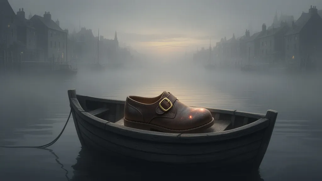 Ein lederner Kinderschuh liegt in einem kleinen Boot im nebligen Hafen bei Tagesanbruch.