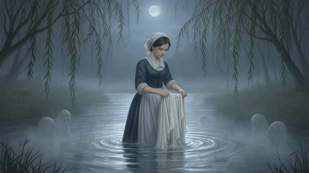 A woman stands in a moonlit river wringing pale funeral shrouds.