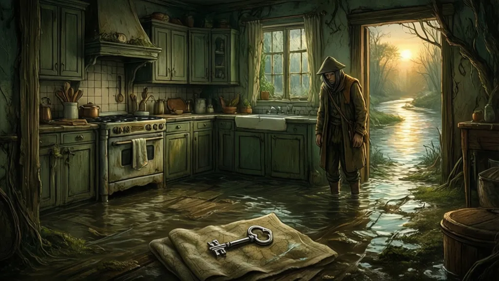 A flooded kitchen with a small silver key on a wet towel and a person standing nearby.