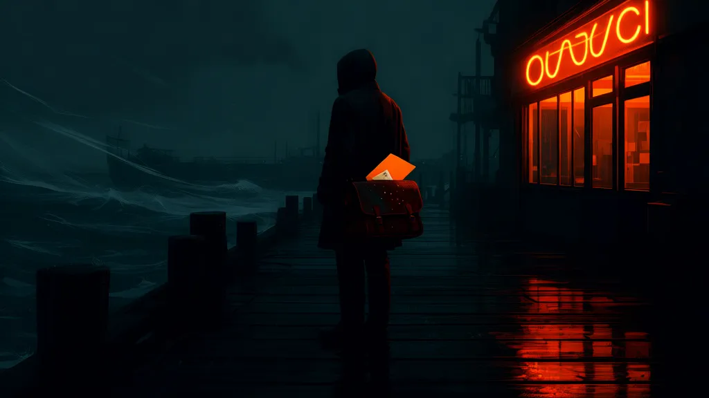 A person stands at the docks at night holding a leather satchel with an orange envelope visible.