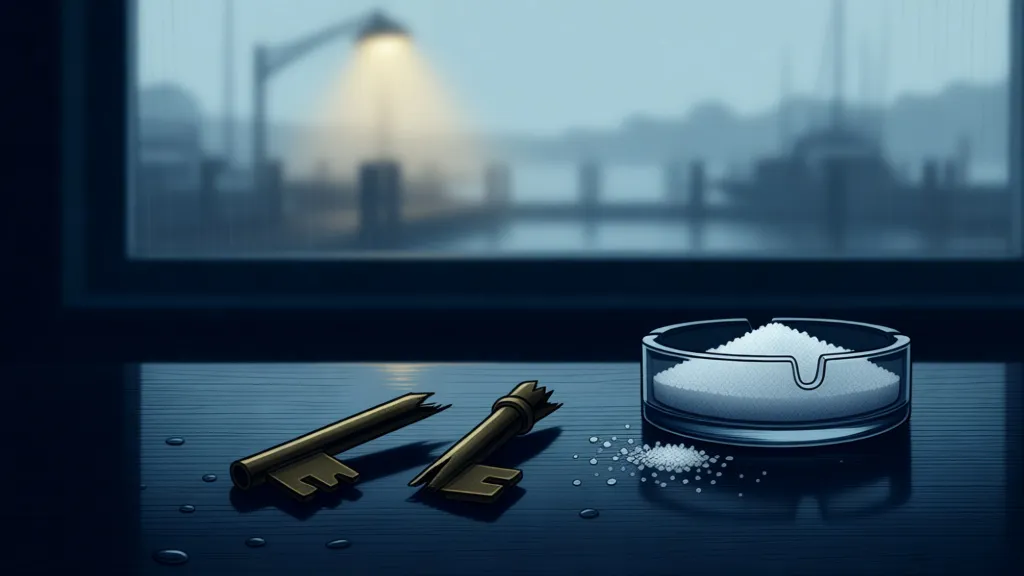 A broken brass key lies beside an ashtray filled with salt on a wet desk in a dim marina office.