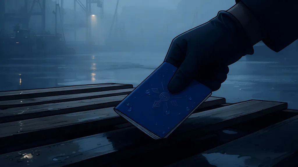 Eine behandschuhte Hand hält einen nassen Reisepass an einer Palette am Dock.