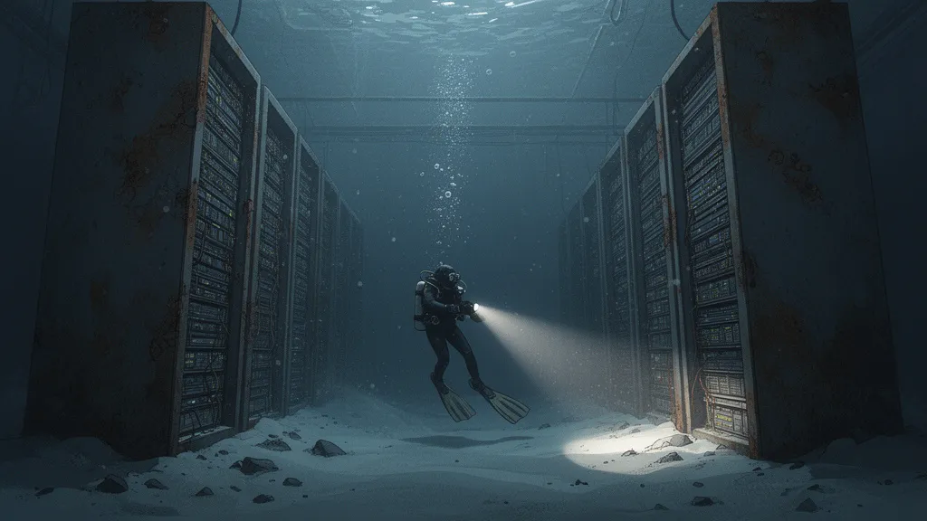 A diver explores a flooded archive with rusted server racks in the dark.