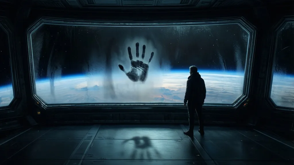 A lone person stands inside a space station observation deck beside a fogged window with a strange handprint on it.