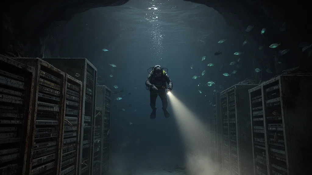 A diver in a submerged archive inside a lunar cavern, lit by a narrow lamp beam.