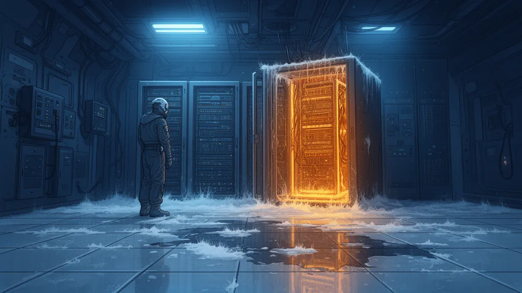 Ein einsamer Techniker steht neben einem überhitzten Server-Rack in einem schwach beleuchteten Stationsraum.