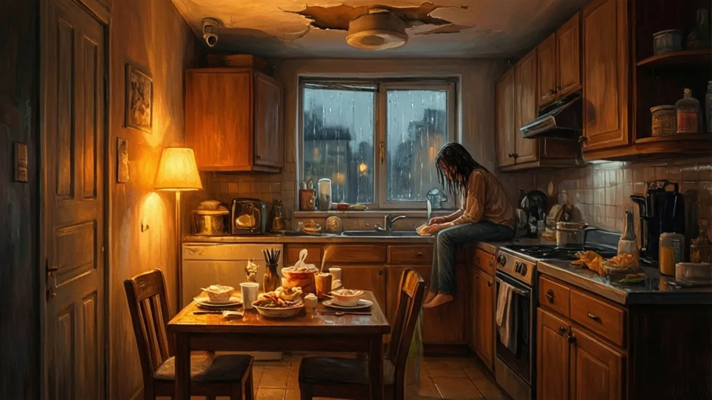 A woman stands in a warm kitchen after the rain, with a small table and a faint stain on the ceiling.